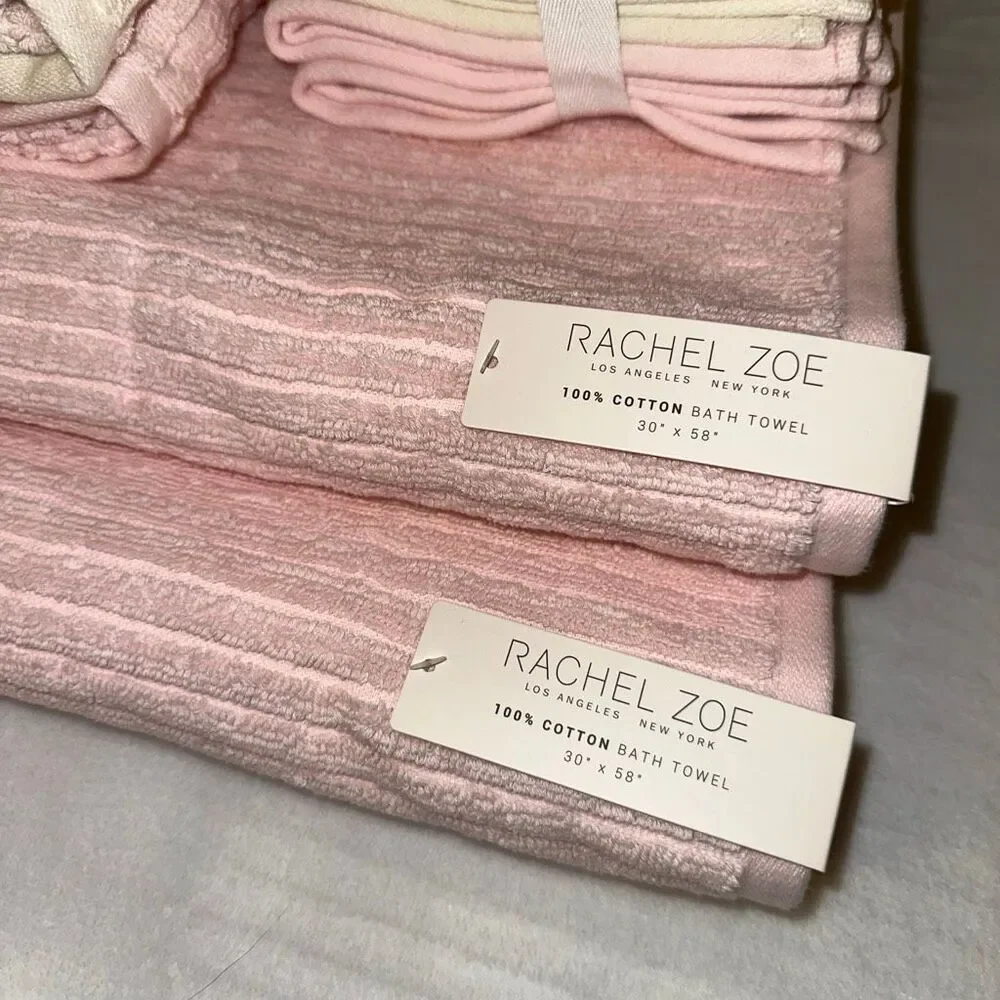Rachel Zoe Bath Towel Set Cream Light Pink Stripe and Solids Pattern 8 Piece NWT